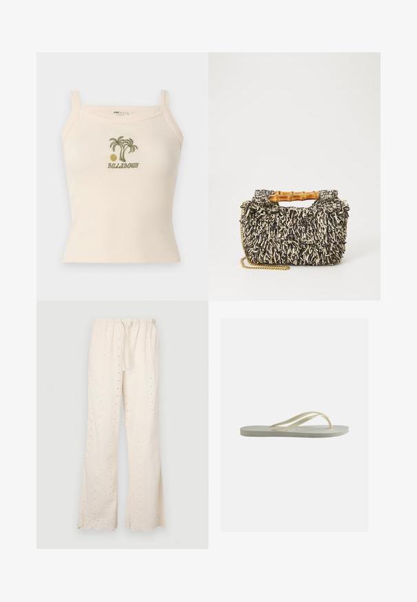Débardeur crème côtelé avec bretelles fines, orné d'une broderie de palmier vert et de soleil au-dessus du mot « Billabong » sur la poitrine.; Pantalons de couleur crème, amples, avec une taille élastique, un cordon de serrage et des détails en œillets le long du tissu et de l'ourlet. Bords en dents de scie.; Tongs en caoutchouc blanc cassé, à bride fine et semelle texturée, vues de côté sur un fond uni.; Sac tissé avec un motif texturé noir et crème, une poignée en bambou et une bandoulière en chaîne dorée amovible. Forme rectangulaire compacte.