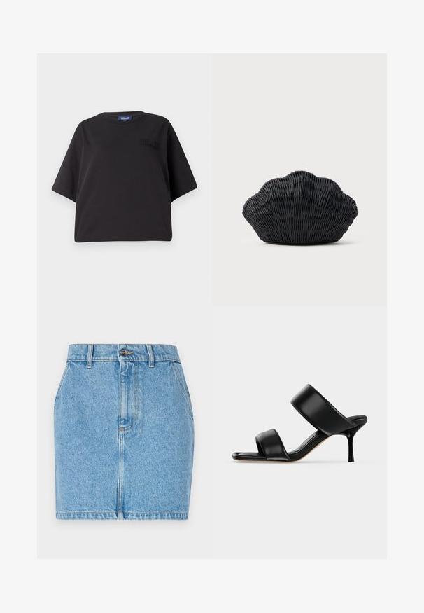 Sort kortærmet t-shirt lavet af bomuld, med en afslappet pasform og prægede branding på forsiden nær skulderen.; Denim nederdel i lys blå med tætsiddende design, fem-lomme stil og kontrastsyning. Materialet har en struktureret overflade.; Sort læder mule sandal med to brede remme og en slank mellemhøj stiletthæl på en ensartet lys baggrund.; Sort flet håndtaske formet som en muslingeskal med en buet top og flettet tekstur på en ensfarvet baggrund.