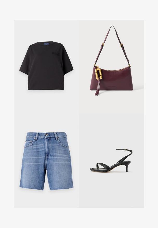 Sort kortærmet t-shirt lavet af bomuld, med en afslappet pasform og prægede branding på forsiden nær skulderen.; Lyseblå denimshorts med lige snit, rå kant, fem lommer og metalknaplukning. Stoffet har en glat tekstur med let falming.; Sort damesandal i læder med tynde remme, en tå-loop, ankelspænde og en mellemhøj stiletthæl på en neutral baggrund.; Mørkelilla skuldertaske i læder med justerbar rem, gyldent lynlås og stor gylden dekorativ spænde med læderkvast.