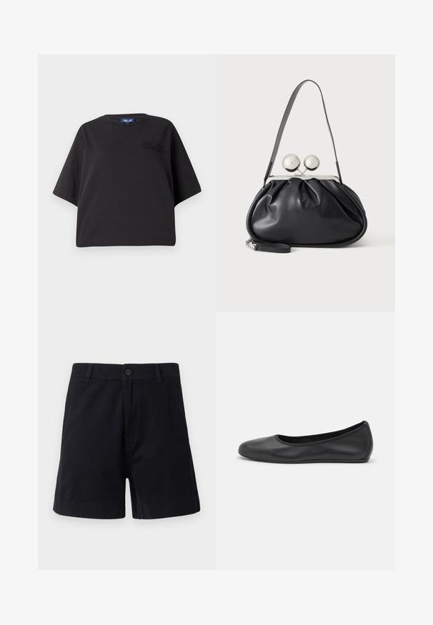 Sort kortærmet t-shirt lavet af bomuld, med en afslappet pasform og prægede branding på forsiden nær skulderen.; Mørkeblå bomuldsshorts med knaplukning, sidelommer og lige snit, med en glat tekstur og enkelt design.; Sort læderballetsko med rund tå, glat tekstur, minimal syning og et fleksibelt såldesign.; Sort læderhåndtaske med opsamlet design, en enkelt rem, sølv metalramme og to store runde sølv lukninger.