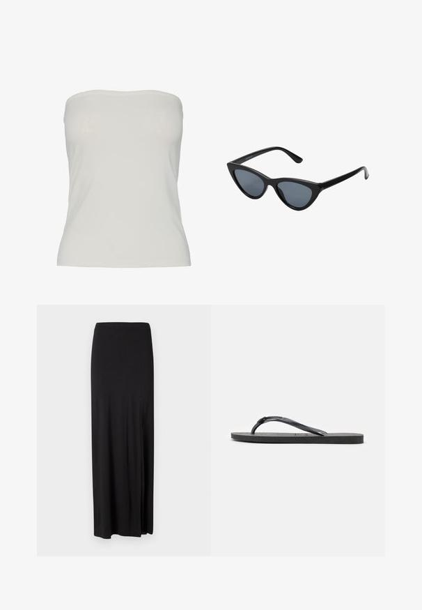 Top sin tirantes de tela beige claro, diseño ajustado con una textura suave, bordes sin costuras y sin patrones ni detalles de hardware visibles.; falda maxi negra hecha de un material suave y elástico. Cuenta con una abertura lateral y un diseño simple y estilizado sin adornos.; Sandalia tipo chancla de goma negra con suela texturizada y tira en forma de Y, vista desde un lado sobre un fondo blanco.; Gafas de sol negras en forma de ojo de gato con lentes gris oscuro, marco de plástico elegante, esquinas puntiagudas y patillas rectas. Sin herrajes ni acentos visibles.