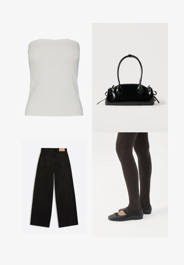 Strapless top van lichtbeige stof, getailleerd ontwerp met een gladde textuur, naadloze randen en geen zichtbare patronen of hardwaredetails.; Zwarte jeans met wijde pijpen, van achteren gezien met twee achterzakken en een bruin leren merkpatch op de tailleband.; Benen met donkere geribbelde leggings gecombineerd met zwarte ballerina's met kleine strikdetails op een witte achtergrond.; Kleine zwarte glanzende handtas met twee lange hengsels en zijkant trekkoord details op een effen lichte achtergrond.