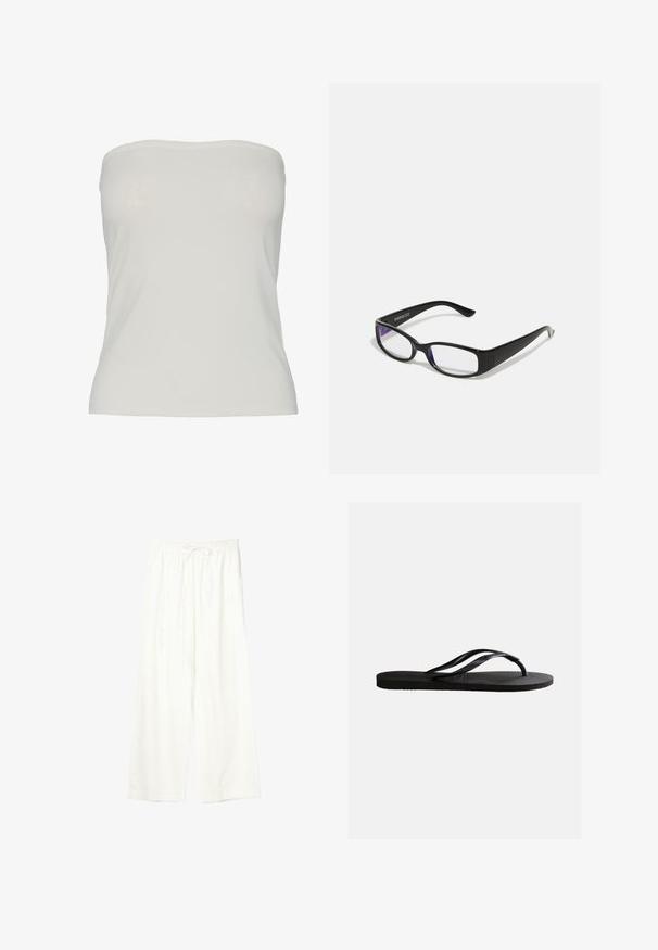 Strapless top van lichtbeige stof, getailleerd ontwerp met een gladde textuur, naadloze randen en geen zichtbare patronen of hardwaredetails.; Witte wijde broek met elastische tailleband en trekkoord, gemaakt van lichtgewicht stof.; Zwarte rubberen teenslipper met een gestructureerd voetbed en dunne Y-vormige bandjes op een effen witte achtergrond.; Zwarte rechthoekige bril met heldere glazen. Glanzende afwerking, smalle veren en paarse tint zichtbaar aan de randen van de glazen.