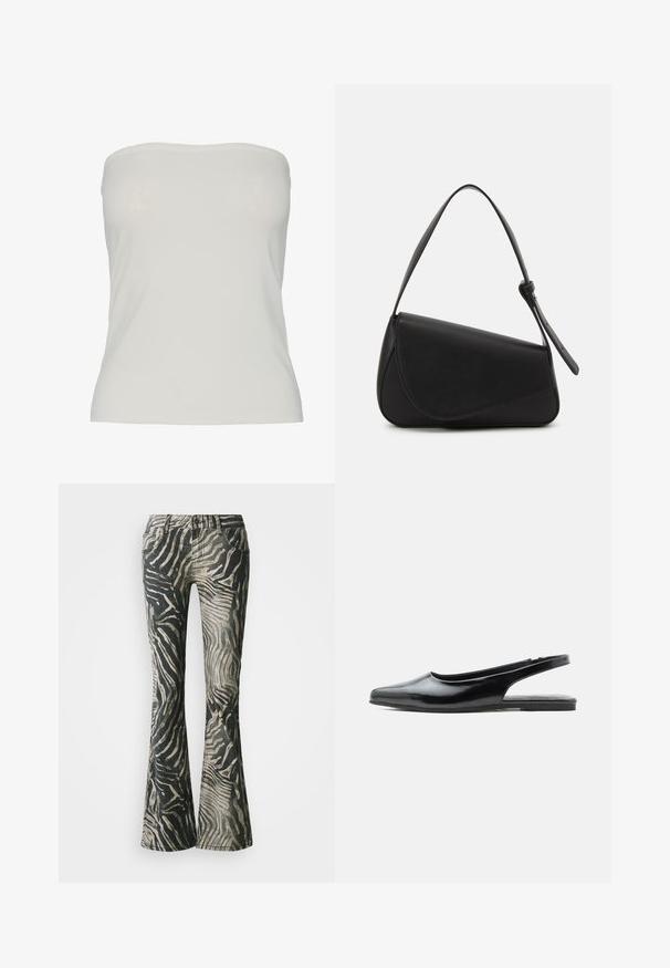 Top sin tirantes de tela beige claro, diseño ajustado con una textura suave, bordes sin costuras y sin patrones ni detalles de hardware visibles.; Jeans acampanados en un patrón de cebra negro y beige, con material de mezclilla, diseño de cinco bolsillos y detalles de costura visibles.; Zapato plano slingback de charol negro con punta afilada y tacón bajo sobre fondo blanco.; Bolso de mano de cuero negro con forma triangular, tapa en ángulo y un asa superior redondeada. Presenta una textura suave y detalles de diseño minimalistas.