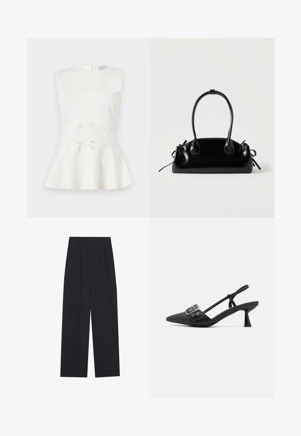 Haut blanc sans manches avec basque, deux petits nœuds décoratifs à la taille et un col rond.; Pantalons larges noirs en tissu lisse, avec des plis, une taille plate et sans poches ni decorations visibles.; Simmi London DALA - Escarpins - black; Petit sac à main noir brillant avec deux longues anses et des détails à cordon sur les côtés sur un fond clair uni.
