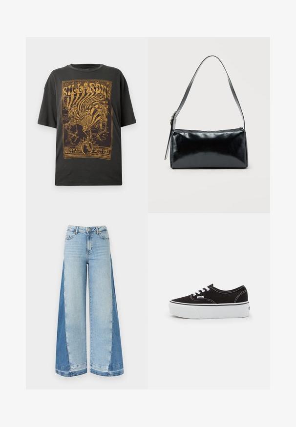 T-shirt en coton noir avec un imprimé graphique doré de squelettes et de texte, à coupe décontractée et manches courtes.; Jean à jambe large avec des panneaux avant bleu clair et des panneaux latéraux bleu foncé, équipé d'une fermeture à bouton et fermeture éclair avec passants pour ceinture.; Baskets en toile noires avec une semelle en caoutchouc blanc, dotées de lacets et de coutures blanches, marquage emblématique sur le côté, design basse.; Sac d'épaule rectangulaire noir avec une sangle réglable unique et une fermeture éclair supérieure sur un fond uni.