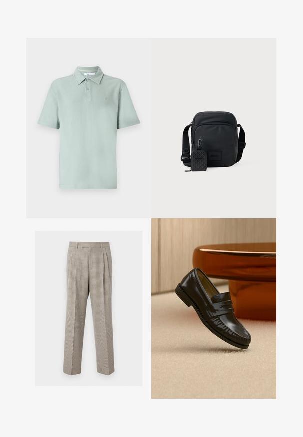 Lys grøn polo t-shirt med et tekstureret stof, korte ærmer, krave, to-knaps lukning og et broderet logo på brystet.; Beige og brune ternede bukser med lige ben, plisseringer, bæltestropper og en skræddersyet pasform mod en ensartet hvid baggrund.; Skinnende sort læderloafer med remdetalje, placeret på beige tæppe nær et rundt brunt sofabord i et blødt oplyst rum.; Sort kompakt crossbody taske med justerbar rem og frontlomme med lynlås, der har en lille vedhæftet mønstret pung med klips.