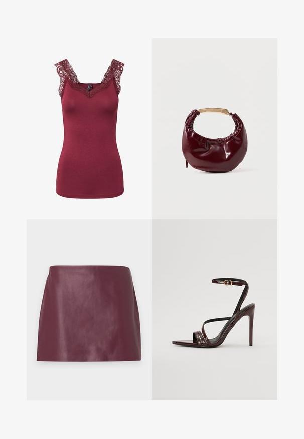 Débardeur bordeaux sans manches avec bordure en dentelle à l'encolure et sur les épaules, coupe ajustée, sans motifs ni boutons visibles.; Mini jupe en cuir bordeaux lisse avec une coupe droite et sans embellissements ni fermetures visibles.; Sandale à talons hauts en cuir verni bourgogne avec une bride de cheville, bout pointu et trois bandes horizontales sur le pied. Détail de boucle dorée.; Sac à main en simili cuir bordeaux avec une forme arrondie, des détails froncés et une anse en métal doré. Texture lisse et finition brillante.