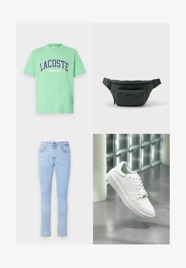 Zelené bavlnené tričko s okrúhlym výstrihom. Na hrudi sa nachádza odvážny námornícky nápis "LACOSTE" a "SPORTSWEAR". Krátke rukávy.; Svetlomodré denimové džínsy s priliehajúcim strihom, štýlom s piatimi vreckami, predným zapínaním na gombík a jemným vyblednutím. Úzky strih s rovným nohavicami.; Biela kožená teniska s okrúhlou špičkou, šnurovacím predným dielom a plochou gumovou podrážkou. Obsahuje perforované detaily a jemný akcent loga.; Tmavozelená pásová taška s dvoma vreckami na zips a nastaviteľným popruhom, zobrazená na jednoduchom svetlom pozadí.
