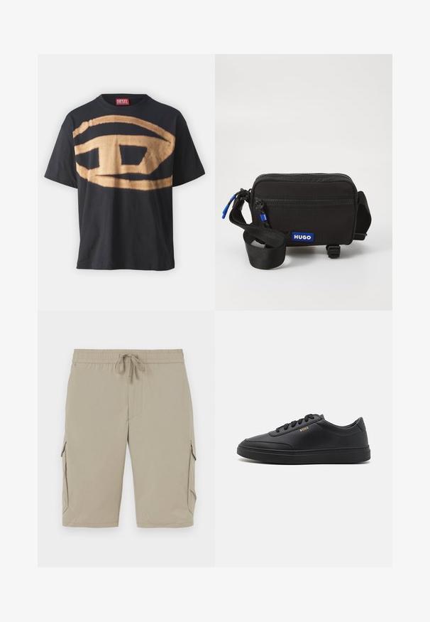 Schwarzes T-Shirt aus Baumwolle mit einem großen beigen Logodesign auf der Vorderseite. Lockere Passform mit Rundhalsausschnitt und kurzen Ärmeln.; Beige Cargo-Shorts mit elastischem Bund und Kordelzug. Sie verfügen über Seitentaschen und einen glatten, leichten Stoff.; Schwarze Leder-Sneaker mit glatter Textur, runder Zehenpartie, flacher Gummisohle und einfarbigen Schnürsenkeln. Mit goldfarbenem "BOSS" Logo an der Seite.; Schwarze Stoff-Umhängetasche mit Reißverschluss, blauem Logo-Aufnäher, verstellbarem Tragegurt und strukturierter Oberfläche. Kompakt rechteckiges Design.