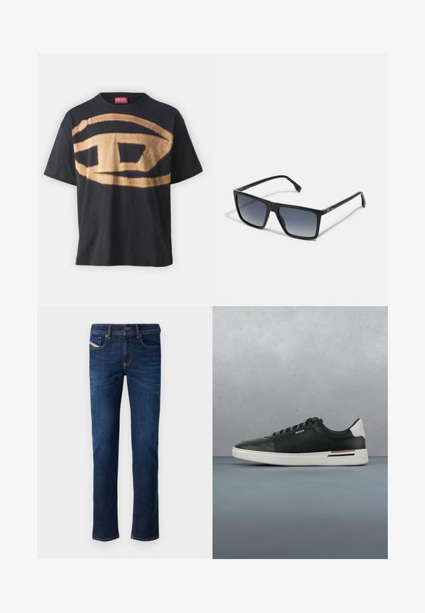 Schwarzes T-Shirt aus Baumwolle mit einem großen beigen Logodesign auf der Vorderseite. Lockere Passform mit Rundhalsausschnitt und kurzen Ärmeln.; Dunkelblaue Jeans aus Denim mit geradem Bein, versehen mit orangefarbenen Nähten und einem kleinen Markenetikett auf der Gesäßtasche.; Schwarze Ledersneaker mit weißer Sohle, ausgestattet mit Perforationen, Schnürdesign, Logo an der Seite und kontrastierenden Fersendetails in Weiß und Braun.; Schwarze rechteckige Sonnenbrillen mit verlaufsdunklen bis hellen Gläsern. Kunststoffrahmen mit schlankem Design und minimalen Hardwaredetails an den Seiten.