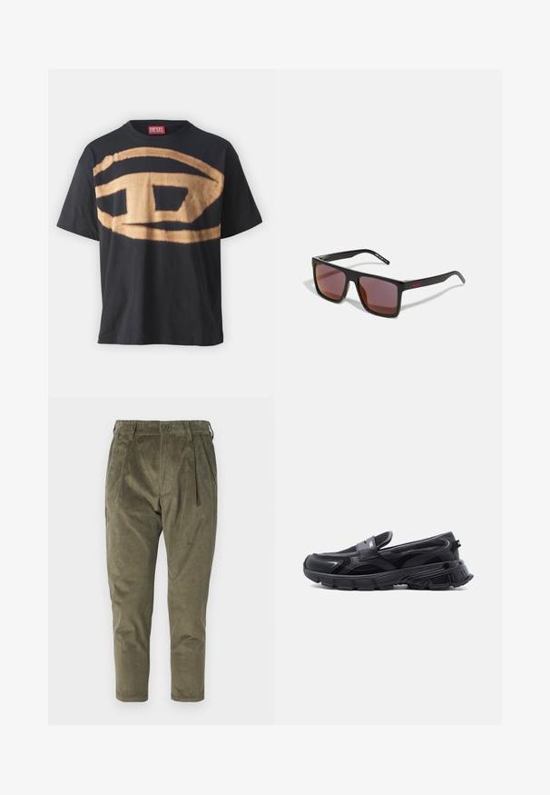 Camiseta negra de algodón con un gran diseño de logo beige en la parte frontal. Corte relajado con cuello redondo y mangas cortas.; Pantalones de pana verde oliva con un corte relajado, que presentan pliegues, una cintura elástica y piernas entalladas. Tejido texturizado con costillas verticales.; Zapatilla negra sin cordones con suela gruesa y texturizada y paneles de malla, diseñada para uso casual y deportivo.; Gafas de sol rectangulares negras con lentes de color rojo oscuro, con un acabado mate y un logo rojo en la patilla. Montura de plástico resistente.