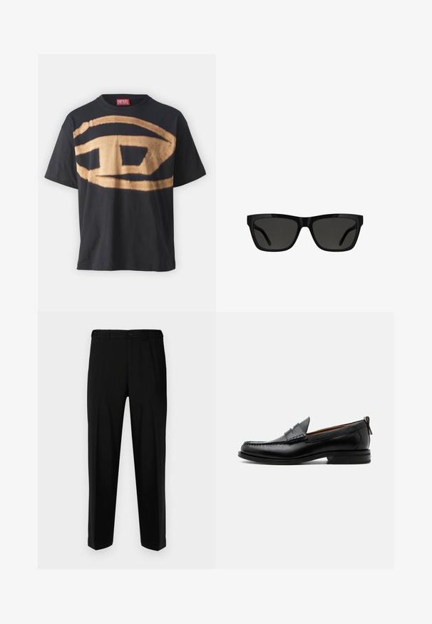 Schwarzes T-Shirt aus Baumwolle mit einem großen beigen Logodesign auf der Vorderseite. Lockere Passform mit Rundhalsausschnitt und kurzen Ärmeln.; Schwarze Hosen aus glattem Stoff, mit geradem Schnitt, zwei vorderen Taschen und einem Reißverschluss mit Knopfverschluss.; Schwarzer Leder-Herrenschuh mit Mokassinnaht, Penny-Riemen, strukturiertem Kragen und niedrigem gestapeltem Absatz auf weißem Hintergrund.; Schwarze Sonnenbrille mit rechteckiger Form, glänzendem Kunststoffrahmen, dunklen Gläsern und elegantem Bügeldesign, geeignet für verschiedene Gesichtsformen.