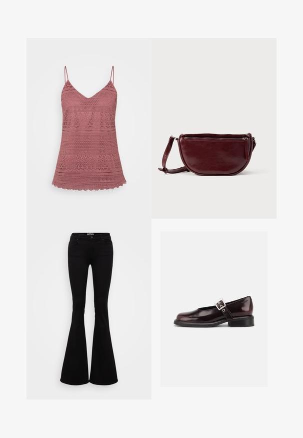 Camisole en dentelle rose avec des bretelles spaghetti réglables, présentant un décolleté en V et un ourlet festonné. Motifs complexes sur tout le tissu.; Jean flare noir en denim extensible, avec une taille ajustée, des poches avant et arrière, et un bouton de fermeture à la taille.; Chaussure Mary Jane unique brillante couleur bordeaux foncé avec une large bride et une boucle argentée, talon bloc bas et bout arrondi sur fond blanc.; Sac à main en cuir marron foncé avec une forme en demi-lune, une fermeture éclair et une bandoulière amovible. Texture lisse avec un léger éclat.