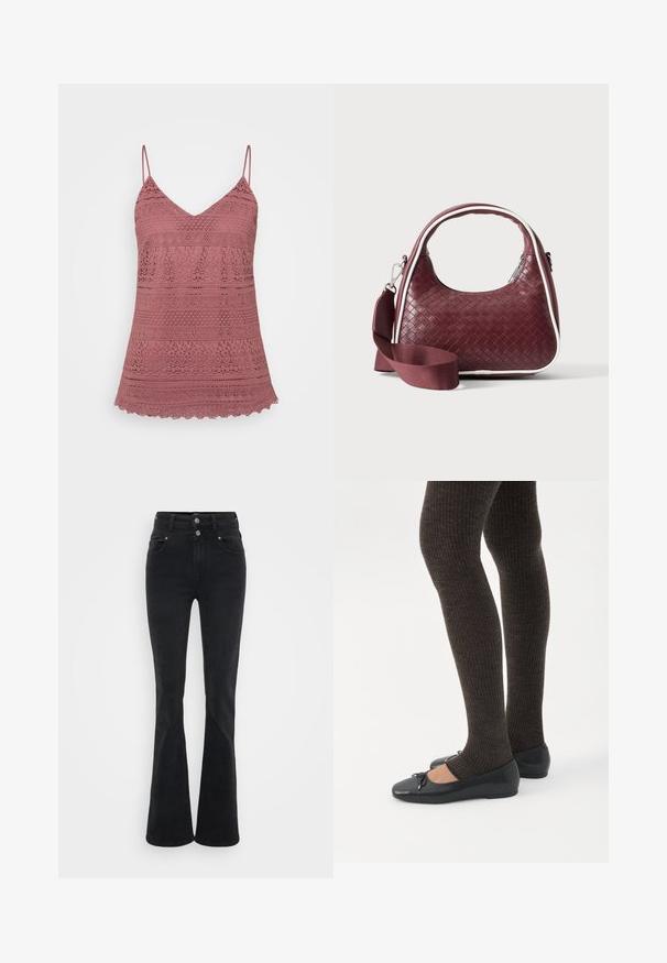 Camisole en dentelle rose avec des bretelles spaghetti réglables, présentant un décolleté en V et un ourlet festonné. Motifs complexes sur tout le tissu.; Jean évasé noir en denim, avec une taille haute, deux boutons et des poches avant. Le tissu a une texture lisse avec une légère élasticité.; Jambes portant des leggings côtelés foncés associés à des ballerines noires avec de petits détails en nœud sur fond blanc.; Sac à main en cuir tressé marron foncé avec poignée courbée, garniture blanche, fermeture éclair argentée et bandoulière large en tissu amovible sur fond uni.