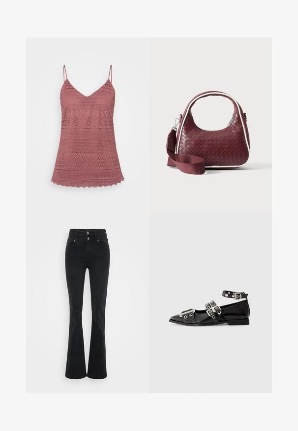 Camisole en dentelle rose avec des bretelles spaghetti réglables, présentant un décolleté en V et un ourlet festonné. Motifs complexes sur tout le tissu.; Jean évasé noir en denim, avec une taille haute, deux boutons et des poches avant. Le tissu a une texture lisse avec une légère élasticité.; Chaussure plate noire à bout pointu avec trois sangles argentées à boucle, bride au niveau de la cheville avec œillets, et détail métallique au niveau de la zone des orteils.; Sac à main en cuir tressé marron foncé avec poignée courbée, garniture blanche, fermeture éclair argentée et bandoulière large en tissu amovible sur fond uni.