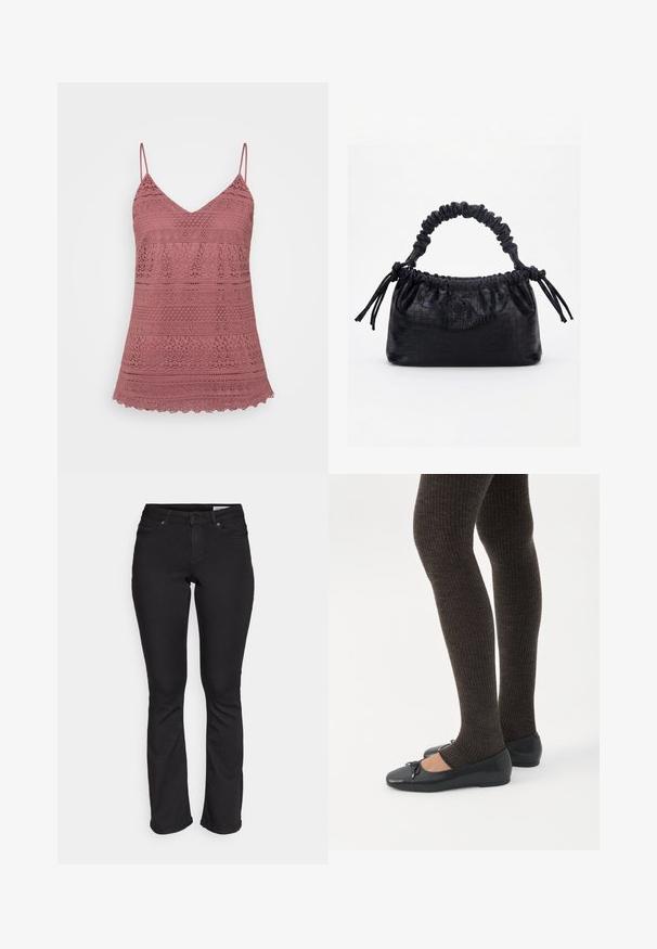 Camisole en dentelle rose avec des bretelles spaghetti réglables, présentant un décolleté en V et un ourlet festonné. Motifs complexes sur tout le tissu.; Jean noir avec une taille ajustée, design à jambe droite et taille mi-haute. Fabriqué en denim avec une texture lisse et sans motifs ni accents visibles.; Jambes portant des leggings côtelés foncés associés à des ballerines noires avec de petits détails en nœud sur fond blanc.; Sac à main noir avec texture crocodile, bord supérieur froncé, poignée plissée et pompons à cordon de chaque côté sur fond blanc.