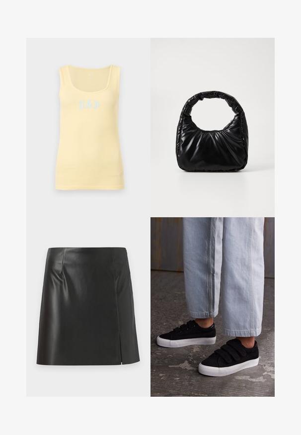 Débardeur pâle jaune à fines côtes, sans manches, avec un col en U et un logo GAP bleu clair centré sur le devant.; Mini-jupe en cuir noir avec une coupe droite, texture lisse, fermeture éclair sur le côté et une fente sur un côté.; Baskets en velours côtelé noir avec trois bandes Velcro et un dessus texturé. Semelle en caoutchouc blanc à profil bas. Portées avec un pantalon cropped bleu clair.; Sac à main noir rembourré avec une poignée arrondie, présentant une surface lisse et brillante ainsi qu'une texture douce et matelassée. Pas de quincaillerie ou d'accents visibles.