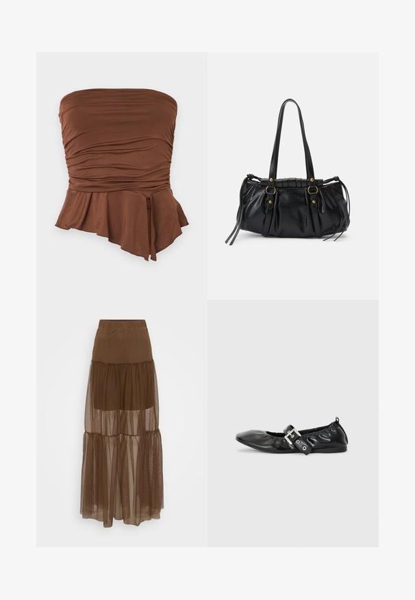 Haut marron sans bretelles avec détails froncés et ourlet asymétrique à basque, créant une silhouette ajustée et une texture douce.; Jupe brune à couches avec une superposition en maille texturée et une taille élastique. Elle présente trois niveaux de tissu transparent, offrant une silhouette fluide.; Chaussure plate en cuir noir avec un nez pointu, des détails froncés autour de l'ouverture et un accent en boucle argentée sur la bride ajustable.; Sac à main en cuir noir avec une forme arrondie, deux poignées, des accents en matériel décoratif et des détails de liens sur les côtés. Texture lisse et brillante.