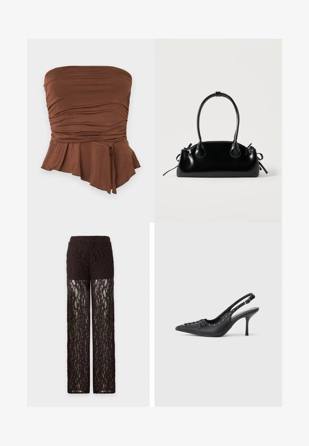 Haut marron sans bretelles avec détails froncés et ourlet asymétrique à basque, créant une silhouette ajustée et une texture douce.; Pantalon en dentelle marron avec partie haute de la cuisse opaque et jambes en dentelle transparente, coupe droite et taille élastique.; Escarpin en cuir noir à talon aiguille avec un bout pointu, une bride latérale à boucle, des clous le long du bord et un laçage décoratif à l'avant.; Petit sac à main noir brillant avec deux longues anses et des détails à cordon sur les côtés sur un fond clair uni.
