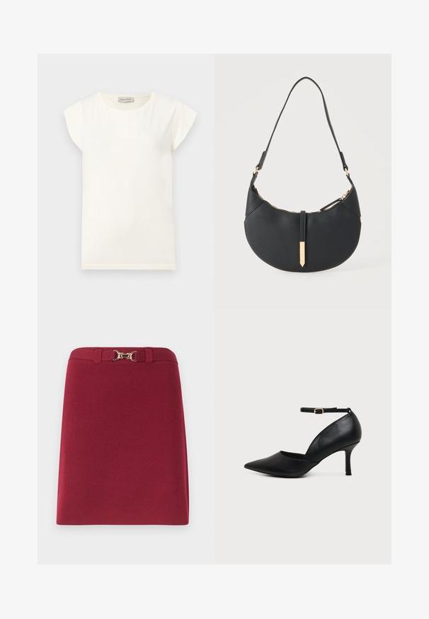 T-shirt blanc à manches courtes avec un col rond et une coupe décontractée. Confectionné en tissu doux, avec une texture lisse et un design minimaliste.; Jupe bordeaux longueur genou avec passants de ceinture et détail boucle mors dorée à la taille.; Chaussure en cuir noir à bout pointu avec talon kitten, bride à la cheville et boucle dorée sur fond neutre.; Sac à main noir en forme de croissant avec une bandoulière unique, une fermeture éclair dorée et une languette décorative rectangulaire dorée à l'avant.