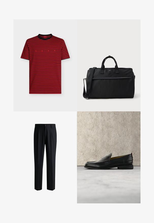 T-shirt à manches courtes rayé horizontal rouge et noir avec col noir et petit lettrage rouge "HUGO" centré sur la poitrine.; Pantalons noirs en tissu lisse, avec une coupe droite, des plis à l'avant et une fermeture à bouton avec passants de ceinture.; Mocassin pour homme en cuir noir avec un dessus embossé effet croco et un petit talon, présenté de profil sur un fond neutre.; Sac de voyage rectangulaire noir avec doubles poignées, bandoulière réglable, poche zippée à l'avant et petit logo "BOSS" à l'avant.