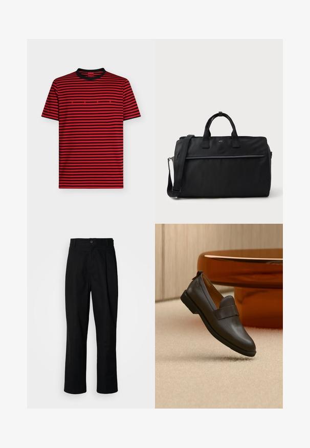 T-shirt à manches courtes rayé horizontal rouge et noir avec col noir et petit lettrage rouge "HUGO" centré sur la poitrine.; Pantalons noirs à jambes droites avec une taille à bouton, passants de ceinture et pli avant, présentés sur un fond blanc uni.; Mocassin en cuir marron foncé avec un petit talon flottant au-dessus d'un tapis beige, à côté d'une table brillante, arrondie et de couleur ambre.; Sac de voyage rectangulaire noir avec doubles poignées, bandoulière réglable, poche zippée à l'avant et petit logo "BOSS" à l'avant.