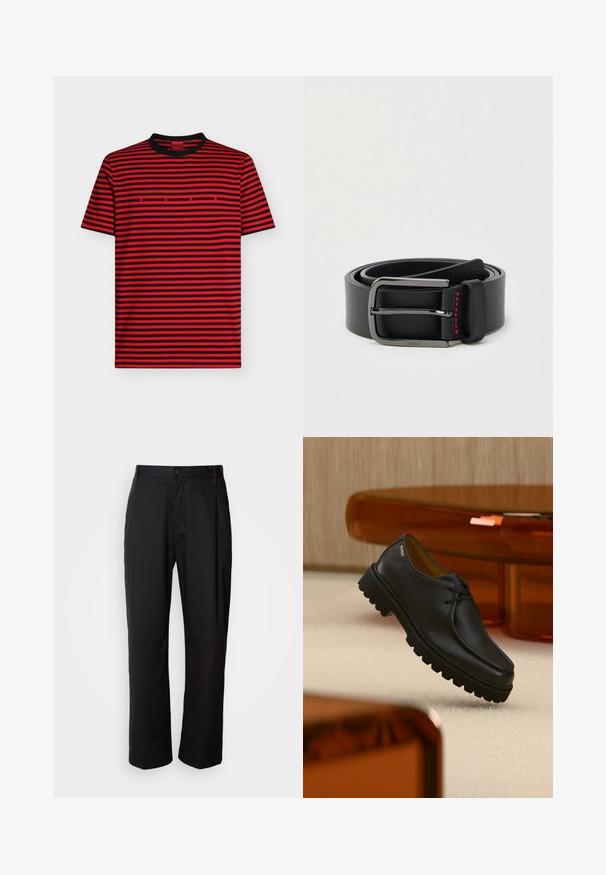 T-shirt à manches courtes rayé horizontal rouge et noir avec col noir et petit lettrage rouge "HUGO" centré sur la poitrine.; Pantalon noir à coupe droite, en tissu léger. Il dispose d'une fermeture à bouton sur le devant et de deux poches latérales ; texture lisse.; Chaussure à lacets en cuir noir texturé avec une semelle épaisse à rainures, marquée "HUGO" près du talon, présentée sur un tapis beige et un mobilier ambre.; Ceinture en cuir noir avec une boucle argentée et des coutures rouges, enroulée sur un fond clair uni.