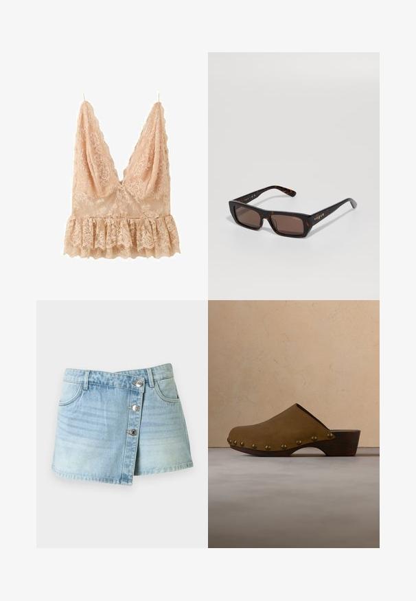 Camisole courte en dentelle beige avec encolure en V profonde, motif floral, fines bretelles et détail de bordure volantée.; Mini-jupe en denim bleu clair avec fermeture à boutons sur le devant, deux poches avant et passants de ceinture, présentée sur un fond uni.; Sabot en daim marron avec talon en bois et clous en laiton, flottant au-dessus d'un tapis beige dans une pièce aux tons neutres.; Lunettes de soleil en écaille rectangulaire avec des verres foncés et le logo "vogue" en doré sur la branche, présentées sur un fond clair.