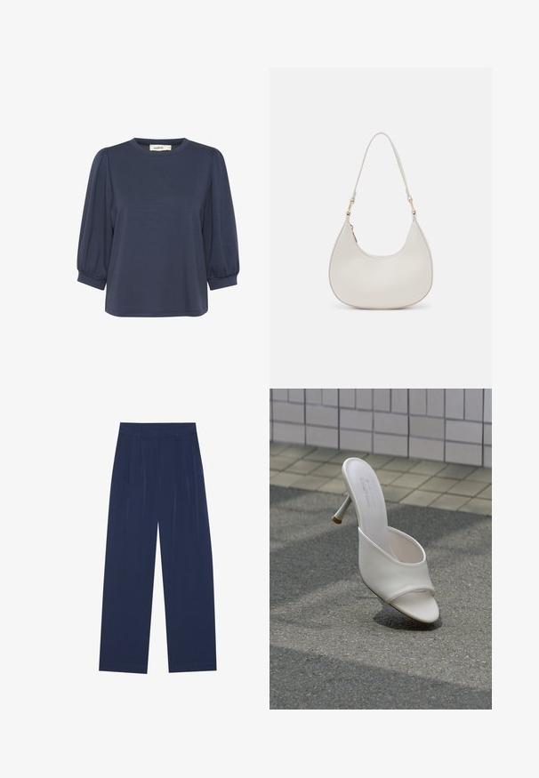 Top de manga corta color azul marino con escote redondo, que destaca por sus mangas abullonadas y un ajuste relajado. Tela suave con una textura lisa.; Pantalones de pierna ancha en azul marino, fabricados en un tejido suave, que cuentan con pliegues frontales, una textura lisa y un corte recto sin bolsillos visibles.; Zapato mule blanco de tacón alto con punta abierta flotando sobre un fondo de asfalto gris y pared de azulejos.; Bolso de hombro de cuero crema con forma de media luna, correa delgada y sutil detalle de costuras. Diseño minimalista con acentos de hardware en tono dorado.