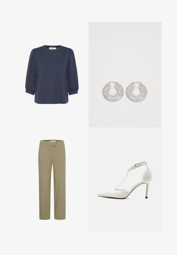 Navyblauw t-shirt met korte mouwen en een ronde halslijn, met pofmouwen en een ontspannen pasvorm. Zachte stof met een gladde textuur.; Khaki broek in een recht model met een soepele textuur. Voorzien van een platte tailleband, zijzakken en geen zichtbare hardware.; Witte pumps met spitse neus en dunne enkelriem met gesp, gladde afwerking en slanke stiletto hak op een effen achtergrond.; Zilveren hoepeloorbellen versierd met meerdere heldere kristalaccenten, met een gestructureerd oppervlak en een open cirkelvormig ontwerp.