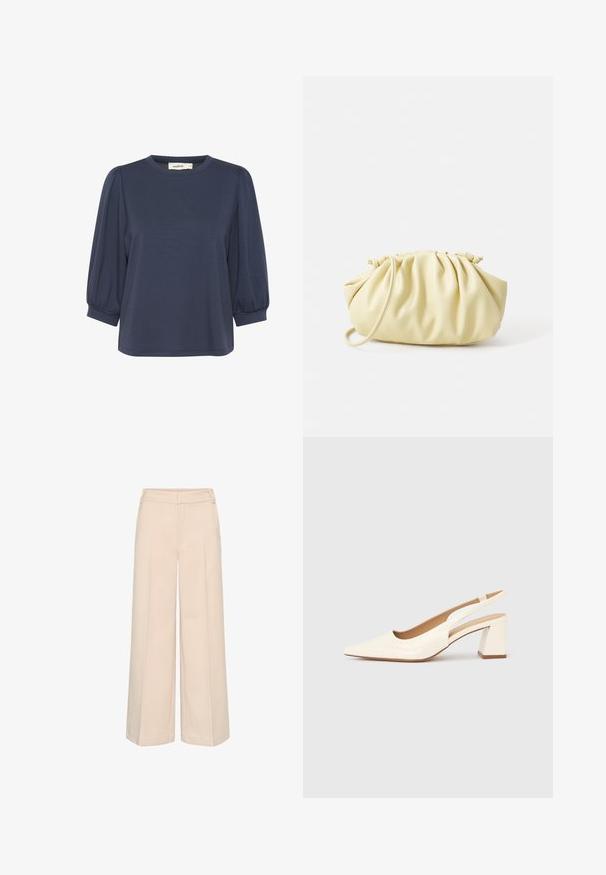 Marineblå kortærmet top med rund halsudskæring, der har puffede ærmer og en afslappet pasform. Blødt stof med en glat tekstur.; Beige vidde bukser med en skræddersyet design, frontfald og en flad talje for en struktureret pasform. Blød, let stoftekstur.; Slingback-pumpe i blank cremefarvet laklæder, med spids snude og kraftig firkantet hæl for stabilitet. Minimalistisk design uden pynt.; Gul plisseret håndtaske lavet af glat kunstlæder, med en blød form, en enkelt skulderrem og samlet topdesign.