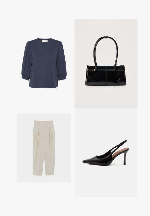 Top de manga corta color azul marino con escote redondo, que destaca por sus mangas abullonadas y un ajuste relajado. Tela suave con una textura lisa.; Pantalones beige de talle alto, confeccionados con pinzas, bolsillos laterales, trabillas para cinturón y cierre frontal con cremallera.; Zapato slingback de tacón alto de piel negra con punta afilada, tacón fino tipo stiletto y tira trasera abierta sobre fondo blanco.; Bolso rectangular negro brillante con dos finas correas para el hombro y pequeños detalles de hebilla dorada en la parte frontal.