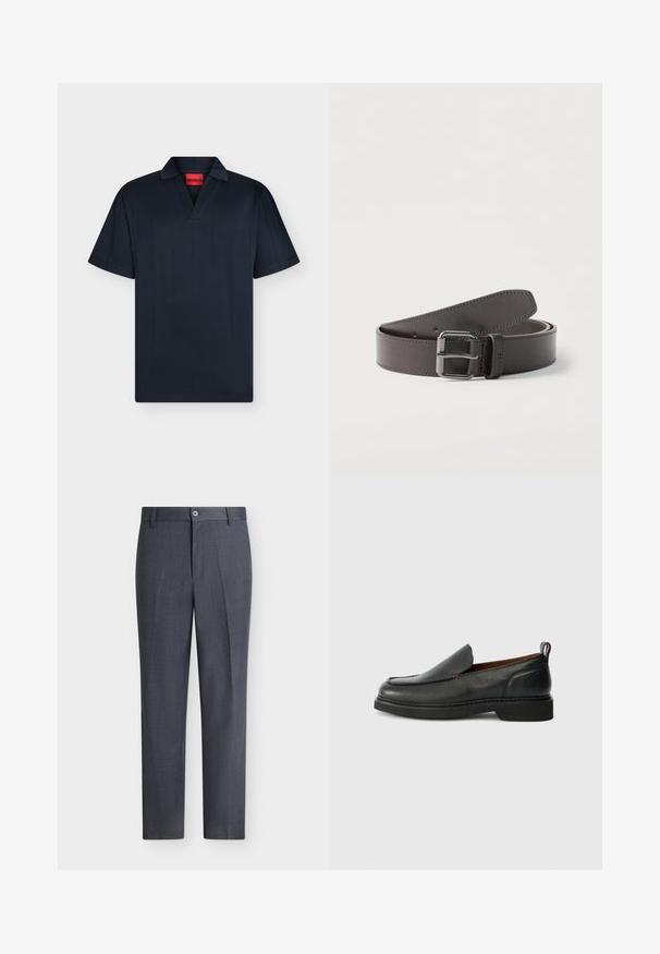 Polo noir à manches courtes avec col en V et col, avec une étiquette rouge portant la mention "HUGO" à l'intérieur de l'encolure.; Pantalon habillé sur mesure gris foncé avec fermeture par bouton et zip, passants de ceinture et coupe droite sur fond blanc.; Chaussure slip-on en cuir noire avec un bout rond, un dessus texturé, des coutures rouges contrastantes et un petit talon. Présente une languette en boucle.; Ceinture en cuir brun foncé roulée avec une boucle métallique carrée et des coutures visibles le long des bords.