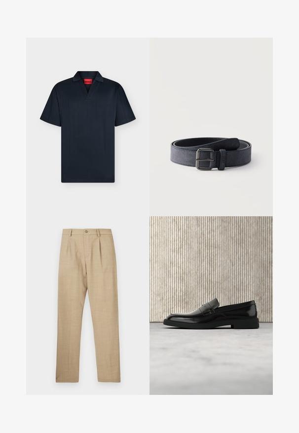 Polo noir à manches courtes avec col en V et col, avec une étiquette rouge portant la mention "HUGO" à l'intérieur de l'encolure.; Pantalon beige ajusté avec fermeture à boutons et fermeture éclair, passants pour ceinture et plis plats à l'avant, présenté à plat sur un fond blanc.; Mocassin en cuir noir poli flottant au-dessus d'un tapis beige avec un mobilier translucide orange en arrière-plan.; Ceinture en daim bleu foncé roulée, avec une boucle métallique rectangulaire et des bords cousus sur un fond clair uni.