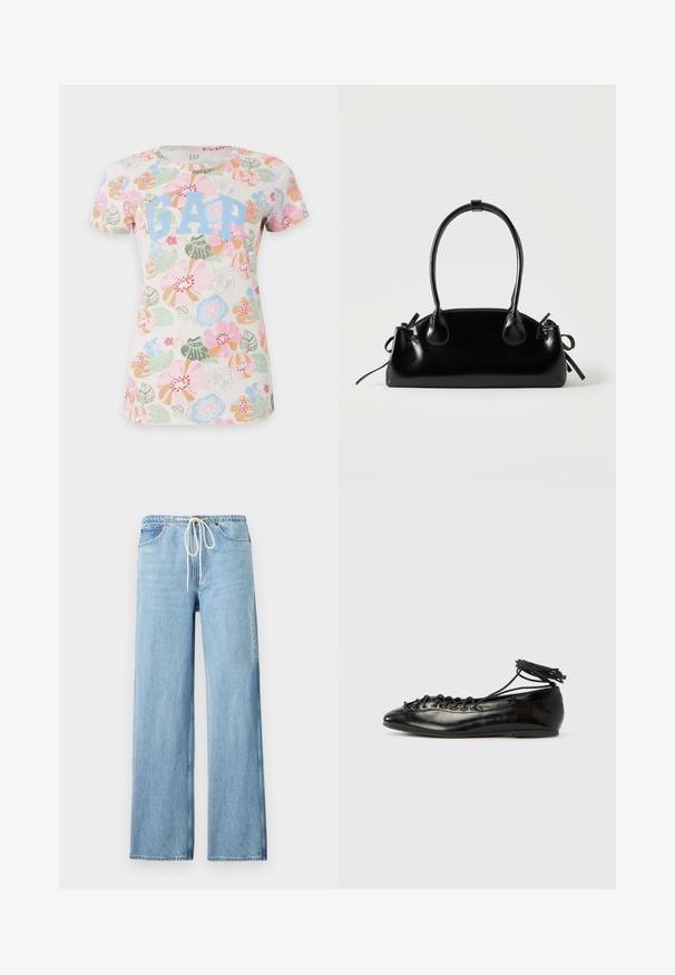 T-shirt blanc à manches courtes avec des motifs floraux colorés rose, vert, bleu et orange et un grand texte bleu clair "GAP" sur le devant.; Jean en denim bleu clair avec jambes larges, taille élastique, cordon de serrage blanc et poches avant sur fond blanc.; Ballerines en cuir verni noir avec un bout rond, un design à lacets et une semelle plate. Texture lisse avec peu de détails.; Petit sac à main noir brillant avec deux longues anses et des détails à cordon sur les côtés sur un fond clair uni.