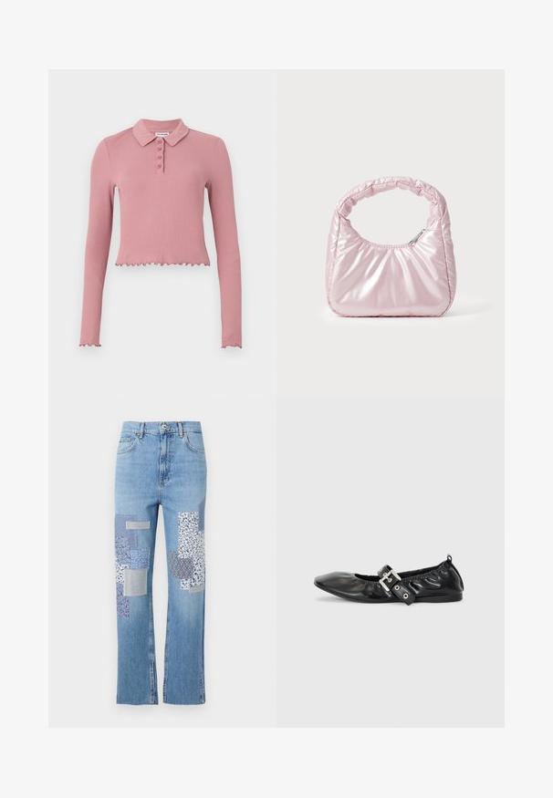 Polo de manga larga, recortado, en tela de canalé de un suave color rosa. Presenta un cuello y una botonera con cuatro botones y un dobladillo con volantes.; Jeans de mezclilla azul claro con un diseño de pierna ancha, que presentan varios parches de tela con patrones en azules y blancos en la parte frontal.; Zapato plano de piel negra con puntera afilada, detalle fruncido alrededor de la abertura y un acento de hebilla plateada en la correa ajustable.; Bolso de mano acolchado en color rosa con un diseño redondeado, fabricado en material brillante. Presenta un asa fruncida y un cierre de cremallera para un acceso seguro.