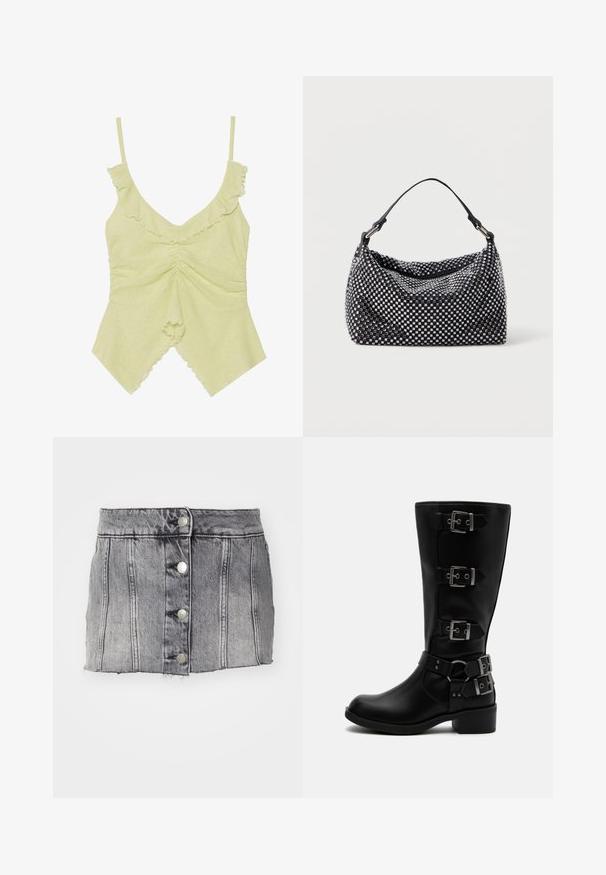 Haut sans manches vert clair en tissu doux, avec des bords froufrous, un décolleté en V et des détails froncés au centre.; Jupe en denim gris à taille haute, avec cinq boutons en argent, des coutures verticales et un ourlet brut. A une silhouette ajustée et une texture douce.; Botte en cuir noire mi-mollet avec quatre boucles métalliques réglables et un petit talon bloc sur fond blanc.; Sac noir et argent avec une surface tissée et texturée présentant des motifs carrés, une seule poignée supérieure et un design décontracté.