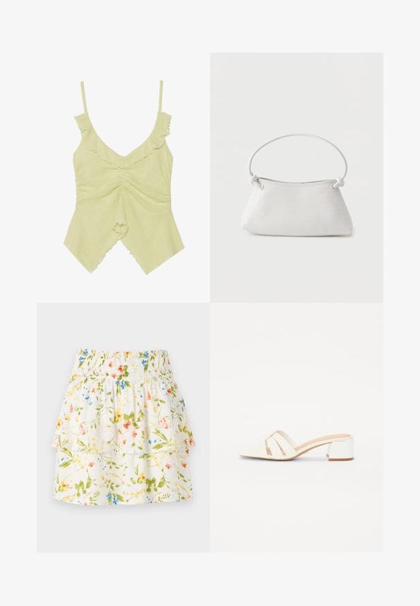 Haut sans manches vert clair en tissu doux, avec des bords froufrous, un décolleté en V et des détails froncés au centre.; Jupe à motifs floraux avec une taille smockée, des couches volantes et un fond blanc ornée de fleurs vertes, rouges et bleues.; Sandales à talons blancs avec un bout carré et un talon blocs. Comportent de larges sangles croisées en matériau lisse. Design simple avec des accents minimaux.; Sac à main en cuir tressé blanc avec poignée arrondie et extrémités de lanière nouées, présenté sur un fond uni.