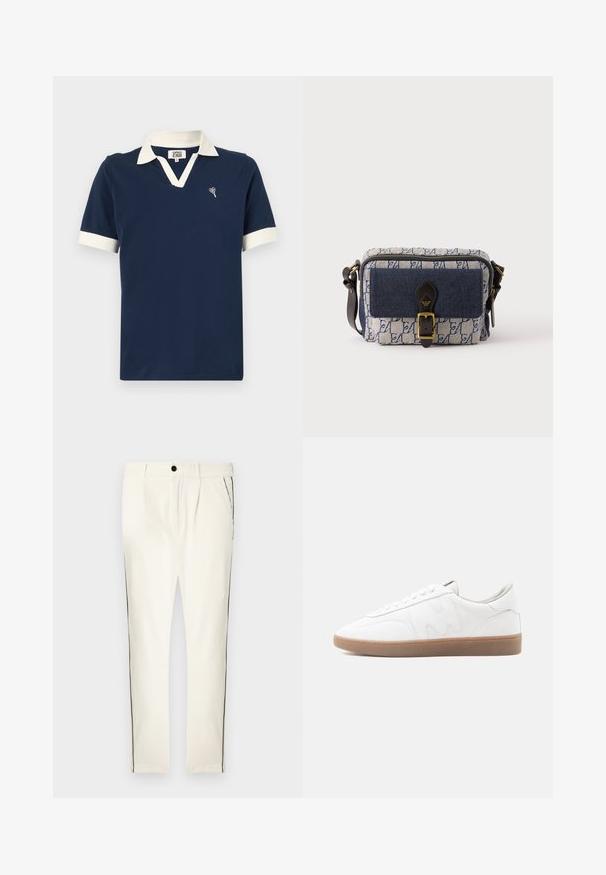 Marineblaues Poloshirt aus Baumwolle mit einem kontrastierenden weißen Kragen und Ärmelbündchen sowie einem kleinen gestickten Design auf der Brust.; Weiße Hose mit Streifen und entspanntem Schnitt, mit einem schwarzen Seitenstreifen, einem Knopfverschluss und vorderen Falten für zusätzliche Designdetails.; Weißer Sneaker in niedriger Ausführung mit Gummisohle, gesteppten Overlays und Schnürverschluss auf neutralem Hintergrund.; Kleine rechteckige blau-weiß gemusterte Umhängetasche mit vordere marineblaue Tasche, schwarzem Lederriemen mit Schnalle und verstellbarem Schulterriemen.
