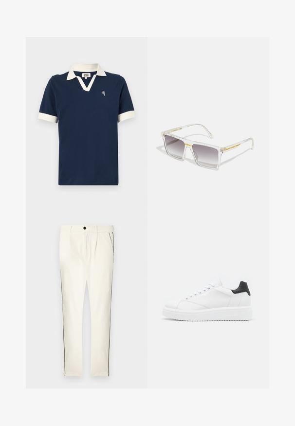 Marineblaues Poloshirt aus Baumwolle mit einem kontrastierenden weißen Kragen und Ärmelbündchen sowie einem kleinen gestickten Design auf der Brust.; Weiße Hose mit Streifen und entspanntem Schnitt, mit einem schwarzen Seitenstreifen, einem Knopfverschluss und vorderen Falten für zusätzliche Designdetails.; Weiße Leder-Sneaker mit schwarzem Fersenbereich, flachen Schnürsenkeln, strukturiertem Zwischensohlenteil und Branding auf der Außenseite. Entworfen für den Casual-Look.; Klare rechteckige Sonnenbrille mit einem grauen Verlaufslinsendesign, goldenen Akzenten auf dem Nasenbügel und transparenten Bügeln.