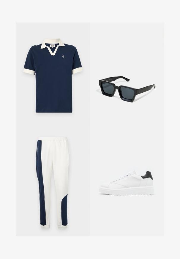 Marineblauwe polo gemaakt van katoen, met een contrasterende witte kraag en mouwboorden, en een klein geborduurde ontwerp op de borst.; Witte joggingbroek met marineblauwe zijpanelen en elastische manchetten, gemaakt van zachte stof met een gladde textuur en een koord in de taille.; Witte leren sneaker met een zwarte haklip, platte veters, gestructureerde tussenzool en branding aan de buitenzijde. Ontworpen voor casual gebruik.; Zwarte rechthoekige zonnebril met donkere lenzen. Dikke, gladde kunststof montuur met een licht glanzende afwerking en rechte veren.