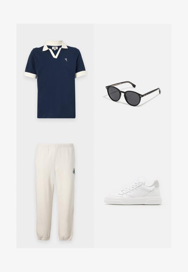 Marineblaues Poloshirt aus Baumwolle mit einem kontrastierenden weißen Kragen und Ärmelbündchen sowie einem kleinen gestickten Design auf der Brust.; Helle beige Sweatpants aus Baumwolle mit einem elastischen Bund, gerippten Bündchen und einem grünen Logo mit Blattdesign am linken Bein.; Weiße Leder-Sneaker mit glatter Oberfläche, rundem Zehenbereich, flachen Schnürsenkeln und strukturiertem Schuhsohlen. Graues Wildleder-Detail an der Ferse.; BOSS Sonnenbrille - black