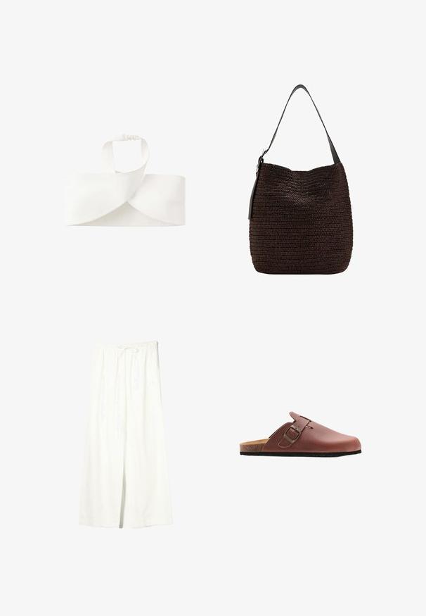 Bandeau blanc en tissu avec un design torsadé à l'avant et une bande élastique à l'arrière pour un maintien ajusté.; Pantalon en lin blanc à jambes larges avec taille élastique et cordon de serrage, doté de poches latérales et d'une fente à l'avant.; Sabot en cuir marron à enfiler avec une bride réglable à boucle et semelle en liège sur fond blanc.; Sac à bandoulière tissé marron foncé avec une large sangle noire et une structure souple et flexible.