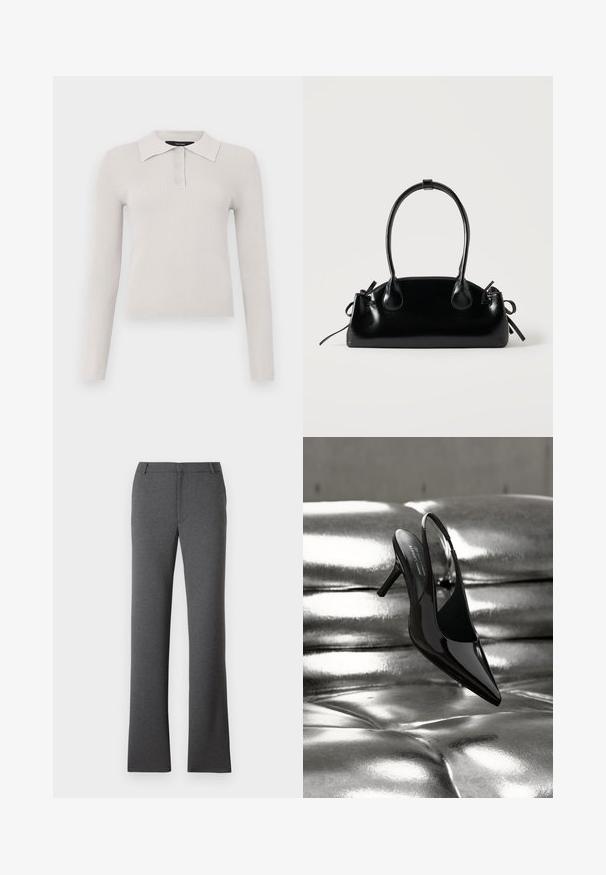 Polo à manches longues gris clair avec une texture côtelée, patte de boutonnage à deux boutons et col classique. Tissu doux avec une coupe ajustée.; Pantalon gris avec une coupe droite. Fabriqué en tissu texturé, doté d'un devant plat et de passants de ceinture. Sans motifs ni éléments métalliques visibles.; Chaussure à talon haut à bride arrière en cuir verni noir, positionnée sur un coussin en cuir métallisé argenté brillant.; Petit sac à main noir brillant avec deux longues anses et des détails à cordon sur les côtés sur un fond clair uni.