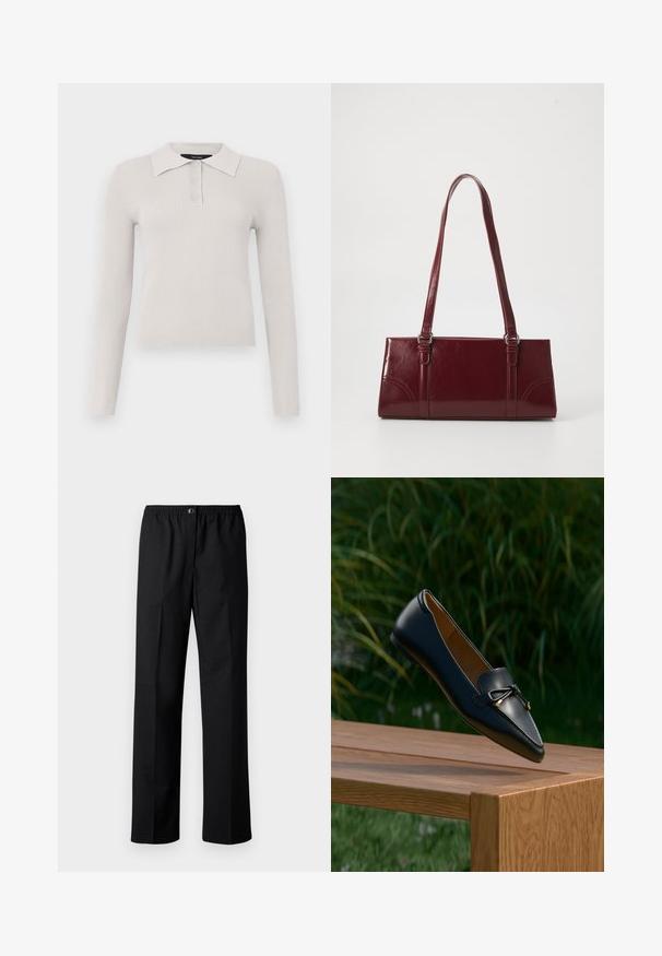 Polo à manches longues gris clair avec une texture côtelée, patte de boutonnage à deux boutons et col classique. Tissu doux avec une coupe ajustée.; Pantalons noirs à coupe droite, avec une taille élastique et une fermeture à bouton. Fabriqués à partir d'un tissu tissé avec une texture lisse.; Mocassin en cuir noir avec un détail en nœud flottant au-dessus d'un banc en bois, avec de l'herbe verte et des plantes en arrière-plan.; Sac à main bordeaux en matériau brillant, de forme rectangulaire, avec deux anses et des accents légèrement courbés à l'avant.