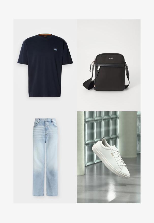 Donkerblauwe katoenen t-shirt met een ronde hals. Voorzien van een klein logo op de borst en een contrasterende oranje accent bij de halslijn. Korte mouwen.; Lichtblauwe, hoog getailleerde, rechte jeans met voorzakken, riemlussen en een knoopsluiting.; Witte leren lage sneaker met veters, zwarte hielstrook en "BOSS"-logo, zwevend binnenshuis bij een glazen stenen muur en gepolijste vloer.; Zwarte schoudertas van textuurstof, met logo aan de voorkant, ritssluiting en verstelbare schouderband. Voorzien van een gladde leren rand.