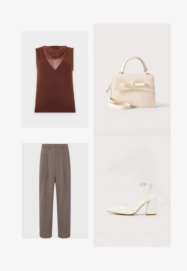 Haut marron sans manches avec un panneau en V transparent et un col drapé doux, étiqueté "Anna Field".; Pantalons plissés marron à taille haute, en tissu élégant, à jambe large et avec poches latérales, présentant une texture lisse et légère.; Sandale blanche à talon avec un bout pointu, sangle de cheville réglable et un talon carré épais. Texture lisse avec des détails de couture minimaux.; Petit sac à main beige avec poignée supérieure, bandoulière amovible, rabat avant et nœud horizontal décoratif sur un fond uni.