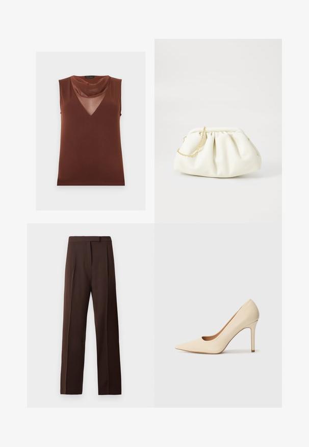 Haut marron sans manches avec un panneau en V transparent et un col drapé doux, étiqueté "Anna Field".; Pantalons droits en chocolat foncé, ajustés, avec une taille et un système de fermeture dissimulé à l'avant sur un fond blanc.; Escarpin en cuir beige à talon haut avec un bout pointu et un détail découpé sur le côté, possédant un talon stiletto fin pour le soutien.; Sac à main en cuir blanc avec un design plissé, doté d'une bandoulière en chaîne dorée et d'une forme arrondie. Texture lisse avec des plis doux et sans motifs.
