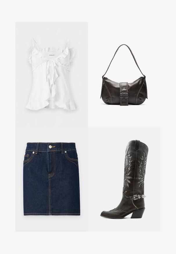 White sleeveless blouse with thin straps, ruffled trim, front tie bow, and flared hem detail.; Dark blue denim skirt with visible stitching, five-pocket design, and a front button closure. Straight cut with a clean hemline.; Black leather cowboy boot with decorative cutouts, silver buckle, and angled heel, displayed on white background.; Brown leather shoulder bag with a curved shape, featuring a prominent buckle detail, contrasting stitching, and a single shoulder strap.